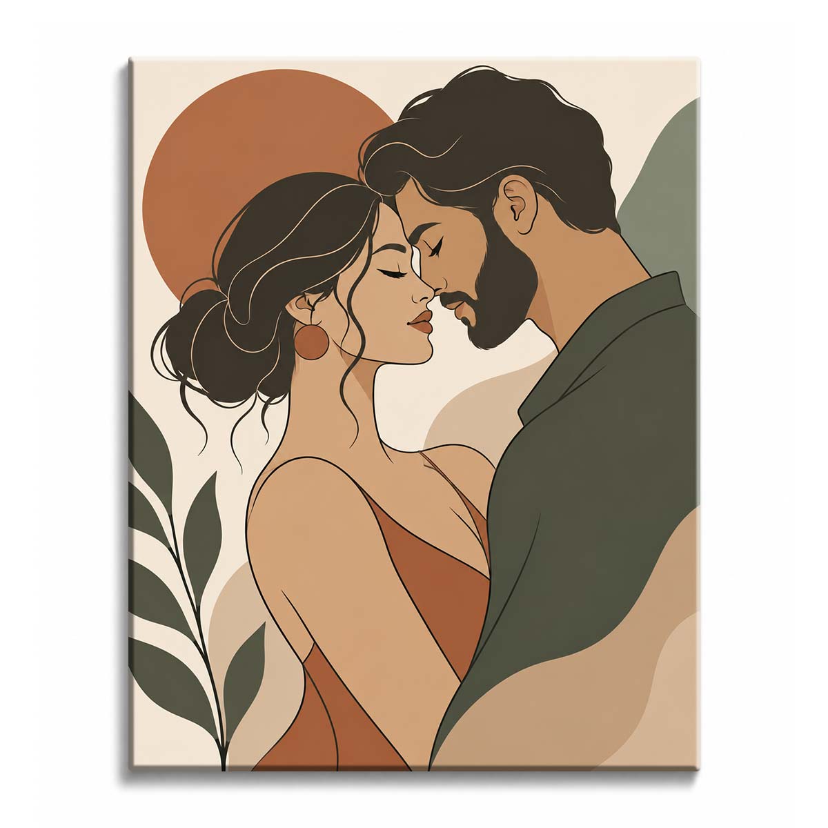 An embracing couple paint by numbers design showing a bearded man in an olive shirt and a woman in a rust dress, foreheads touching and eyes closed, with a leafy branch and a terracotta sun behind them.