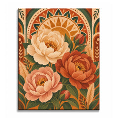 Against terracotta patterned arches, a peony paint by numbers design features cream, blush, and rust-colored flowers with layered petals and dark green leaves beneath the golden sunburst.