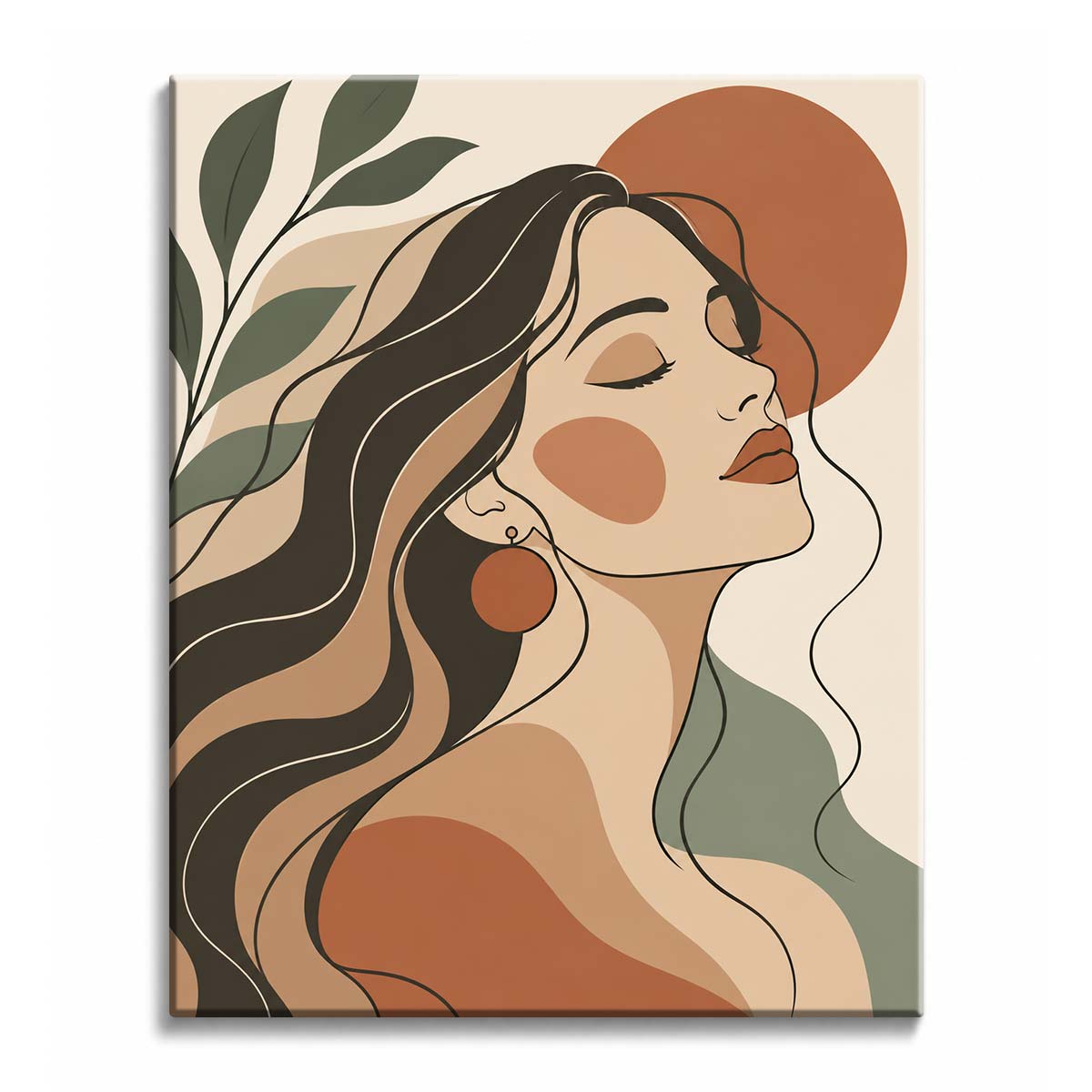 Against a terracotta sun and olive leaves, a woman portrait in a paint by numbers design: face tilted up, eyes closed, long wavy hair flowing down the left side.