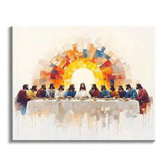 A paint by numbers canvas of The Last Supper reimagined in modern style, with Jesus and the apostles beneath a radiant mosaic sunburst of warm color.