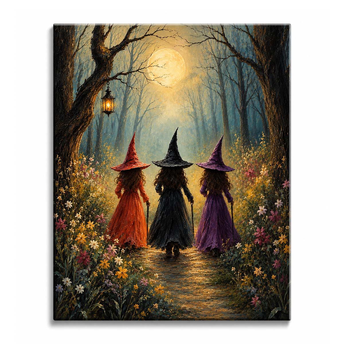 Walking away down a moonlit forest path, three witches in red, black, and purple pass banks of wildflowers, in a paint by numbers design.