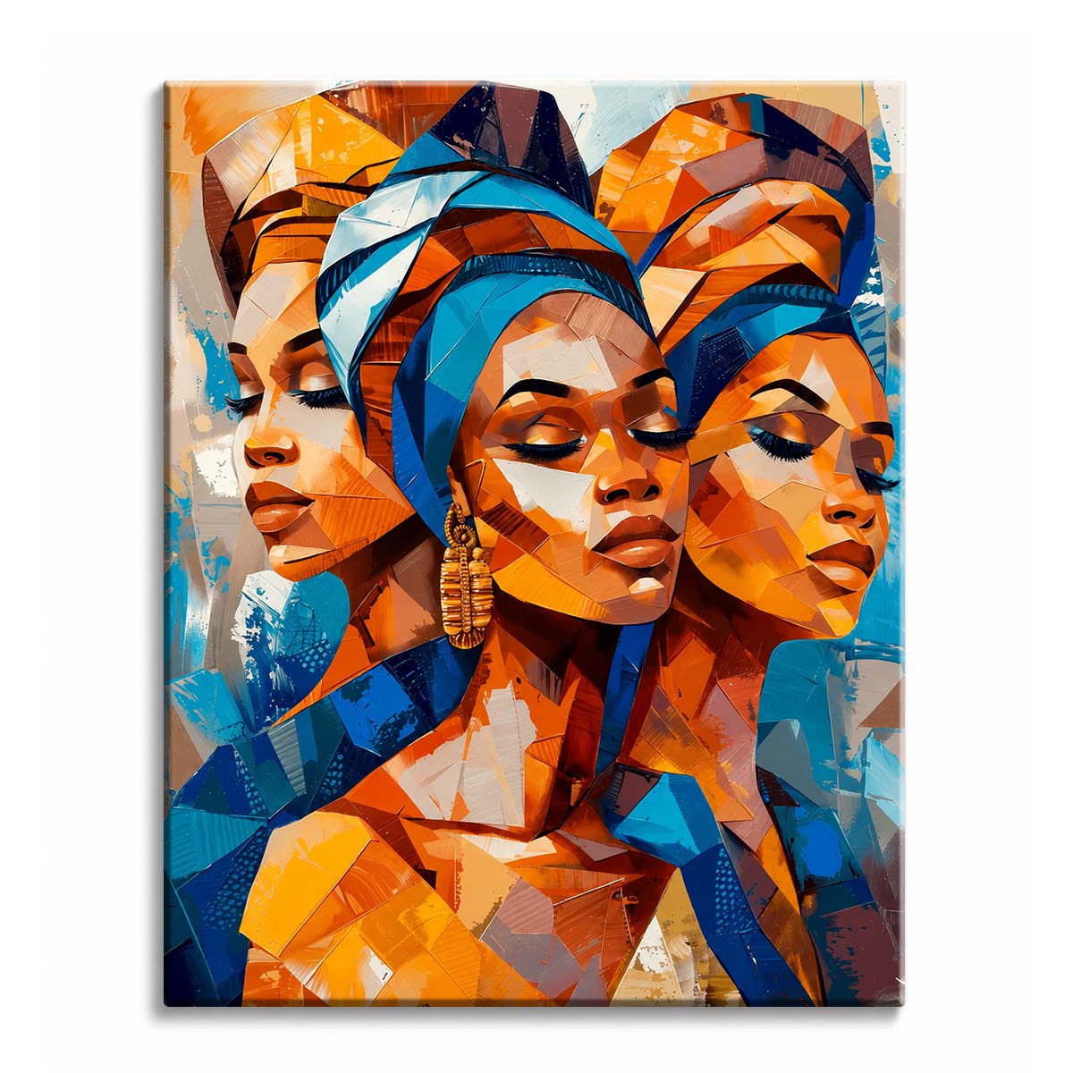 Three overlapping women's faces with headwraps, built from angular planes in copper, ochre and cobalt, shown as a paint by numbers canvas.