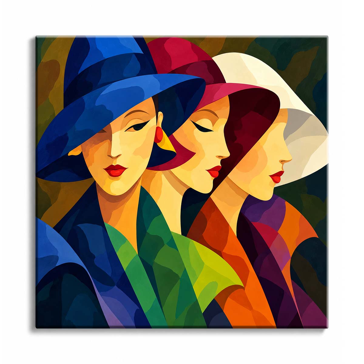 Three stylized women wearing wide-brim hats with geometric faces and clothing in a mini paint by numbers design.