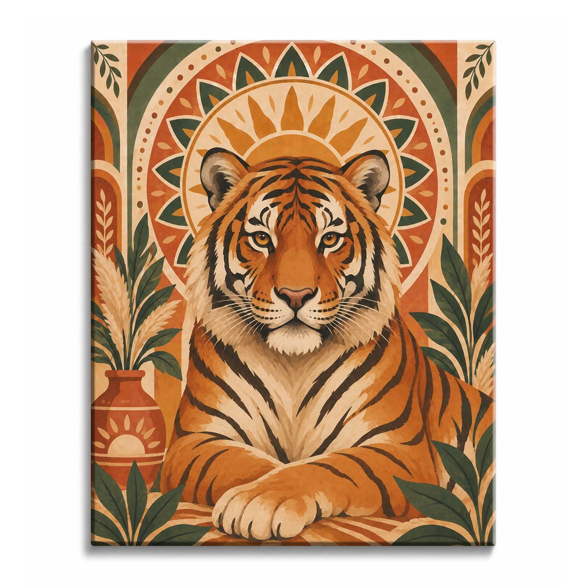 Warm terracotta surrounds a boho tiger beneath a sun medallion, with sage foliage and black stripes in a paint by numbers design.