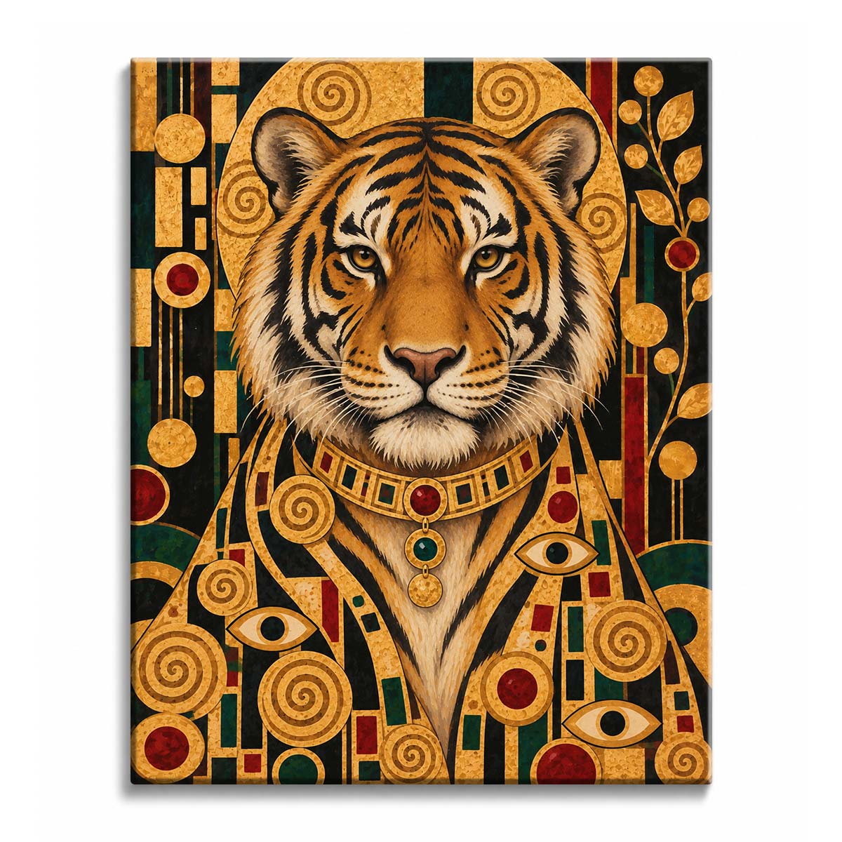 Amber eyes forward, a tiger in a jeweled collar and gold mosaic robe faces out from a golden disc on a dark ornamented background, in a tiger paint by numbers design.