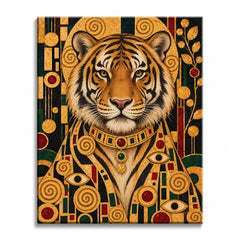 Amber eyes forward, a tiger in a jeweled collar and gold mosaic robe faces out from a golden disc on a dark ornamented background, in a tiger paint by numbers design.