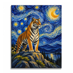 On a blue rock above a moonlit lake, a Van Gogh style tiger paint by numbers design shows an orange-and-black tiger beneath a crescent moon and swirling blue sky.