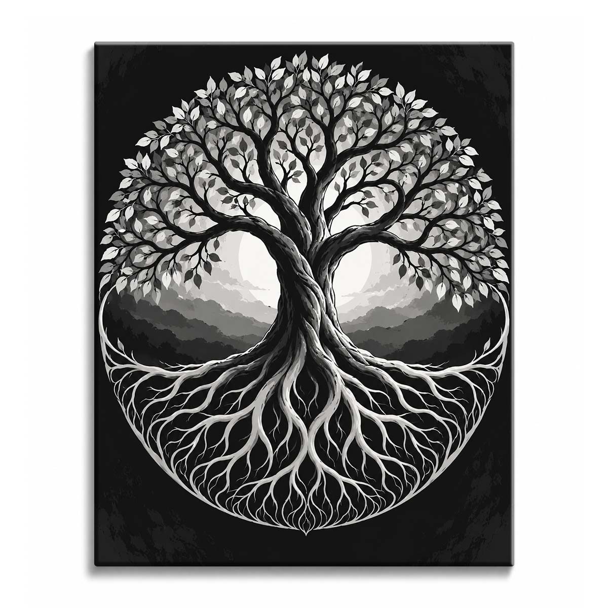 A twisted tree with a round crown of leaves above and pale, forking roots below, drawn inside a circle in a tree of life paint by numbers design against a black ground.