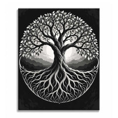 A twisted tree with a round crown of leaves above and pale, forking roots below, drawn inside a circle in a tree of life paint by numbers design against a black ground.