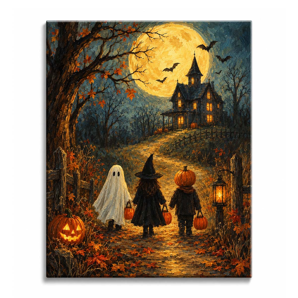Under a full moon, a ghost, a witch, and a pumpkin-head carry candy buckets toward a lit house, in a paint by numbers design.