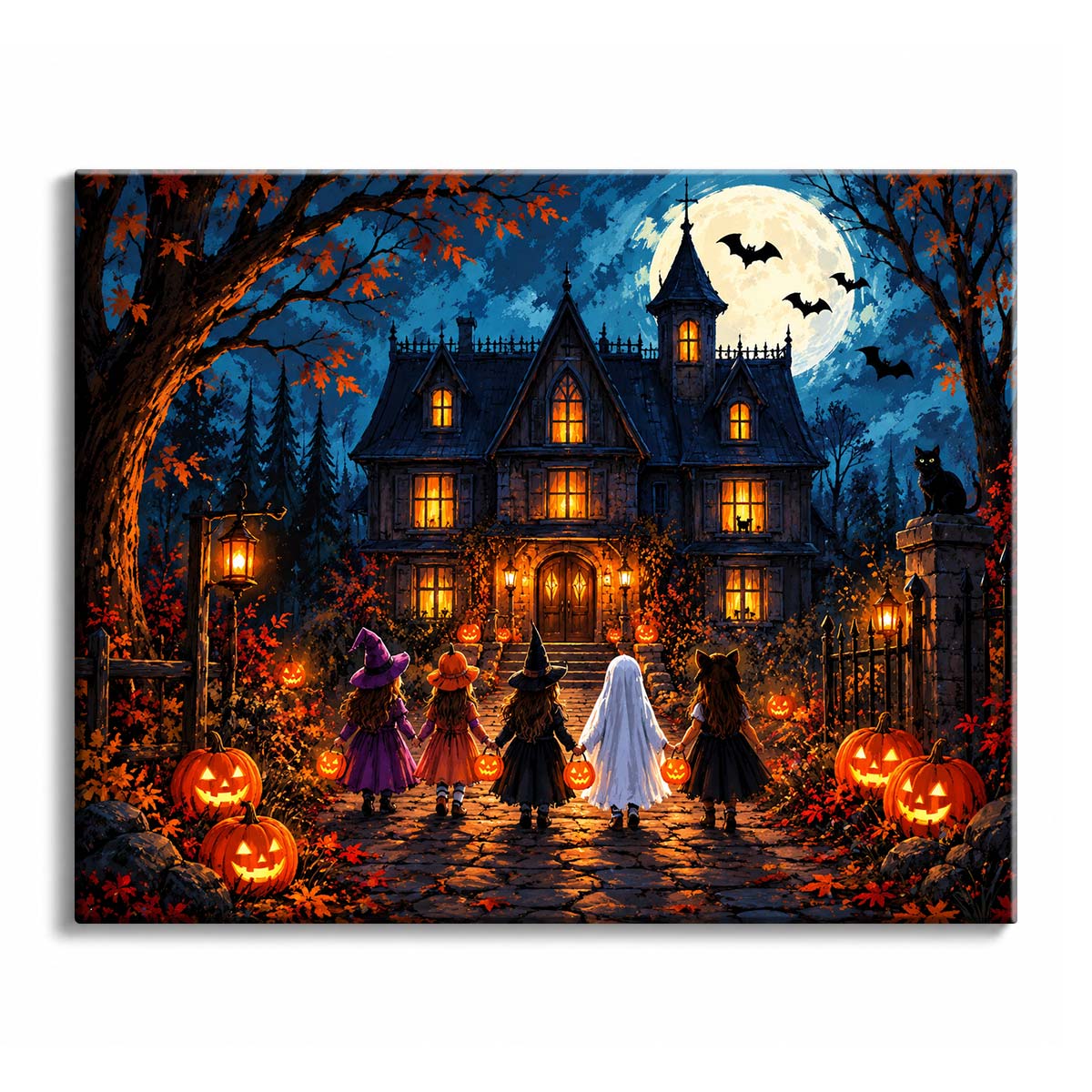 Costumed trick-or-treaters stand before a glowing gothic mansion under a full moon with bats, in a haunted house paint by numbers design.