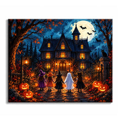 Costumed trick-or-treaters stand before a glowing gothic mansion under a full moon with bats, in a haunted house paint by numbers design.