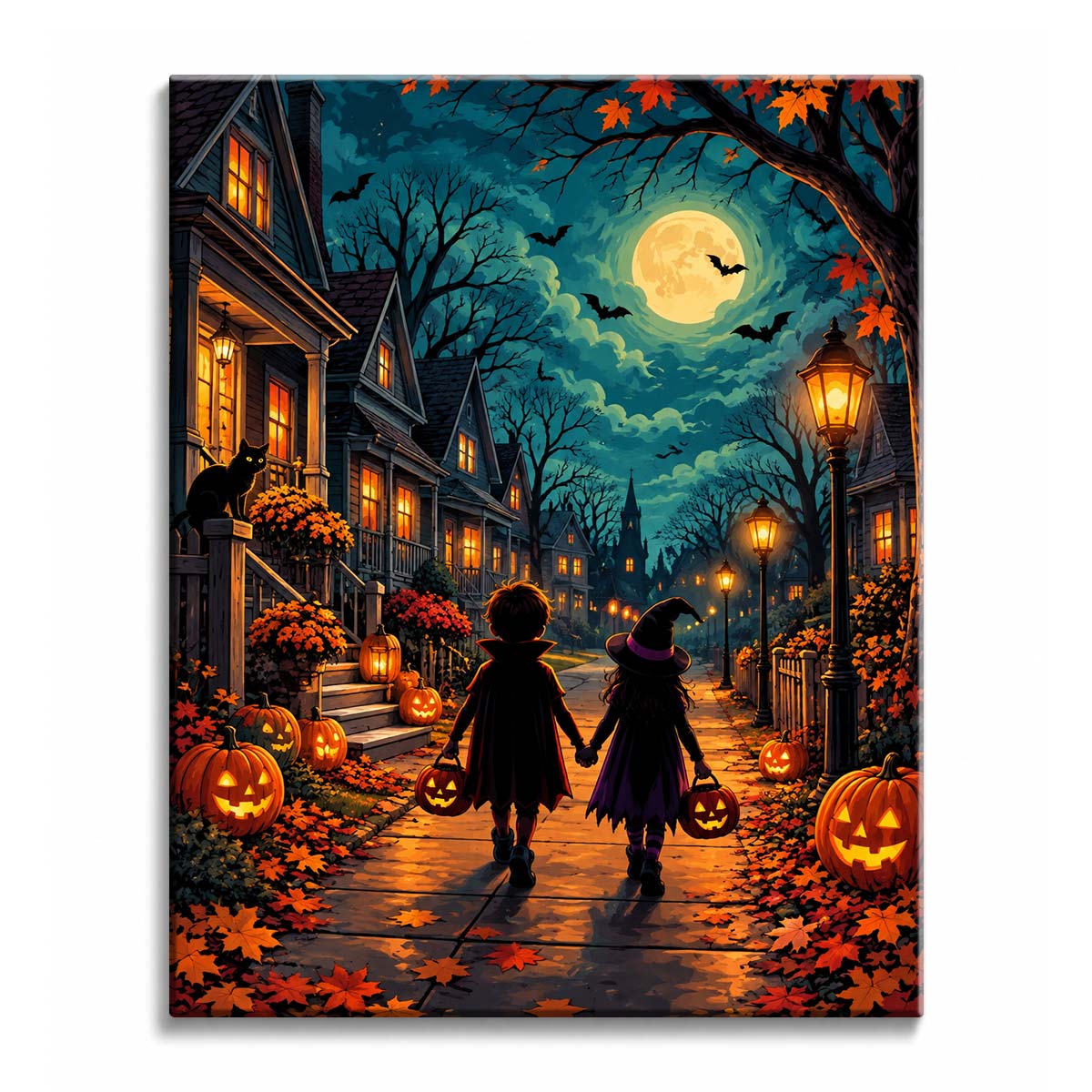 Two children in costumes walk hand in hand along a moonlit street past jack-o'-lanterns and lamplit porches, in a trick or treat paint by numbers design.