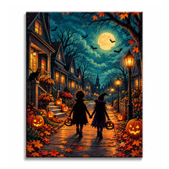 Two children in costumes walk hand in hand along a moonlit street past jack-o'-lanterns and lamplit porches, in a trick or treat paint by numbers design.