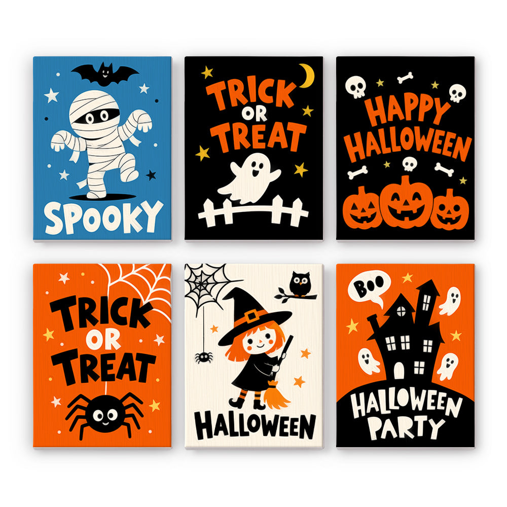 A trick or treat paint by numbers mini set showing six Halloween poster designs with bold lettering, a mummy, ghosts, pumpkins, and a little witch.