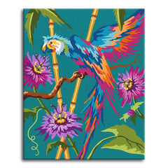 A vibrant pop-art style paint by numbers scene of a colorful parrot with rainbow plumage perched on bamboo, surrounded by purple passion flowers against a deep teal background.