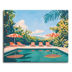 A bright, flat-style paint by numbers scene of a tropical resort pool with coral loungers, red-and-white striped umbrellas, lush palms and foliage, and a soft blue sky reflected in calm turquoise water.
