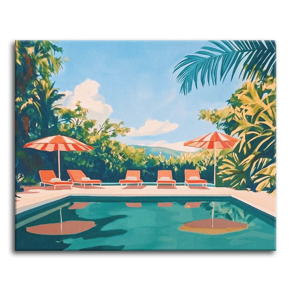 A bright, flat-style paint by numbers scene of a tropical resort pool with coral loungers, red-and-white striped umbrellas, lush palms and foliage, and a soft blue sky reflected in calm turquoise water.
