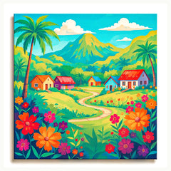 Colorful flat illustration of a tropical village with flowers palm trees and mountain background paint by numbers design.You said: mikä vitun lopetus metatitlelle tämä on: Colorful Village