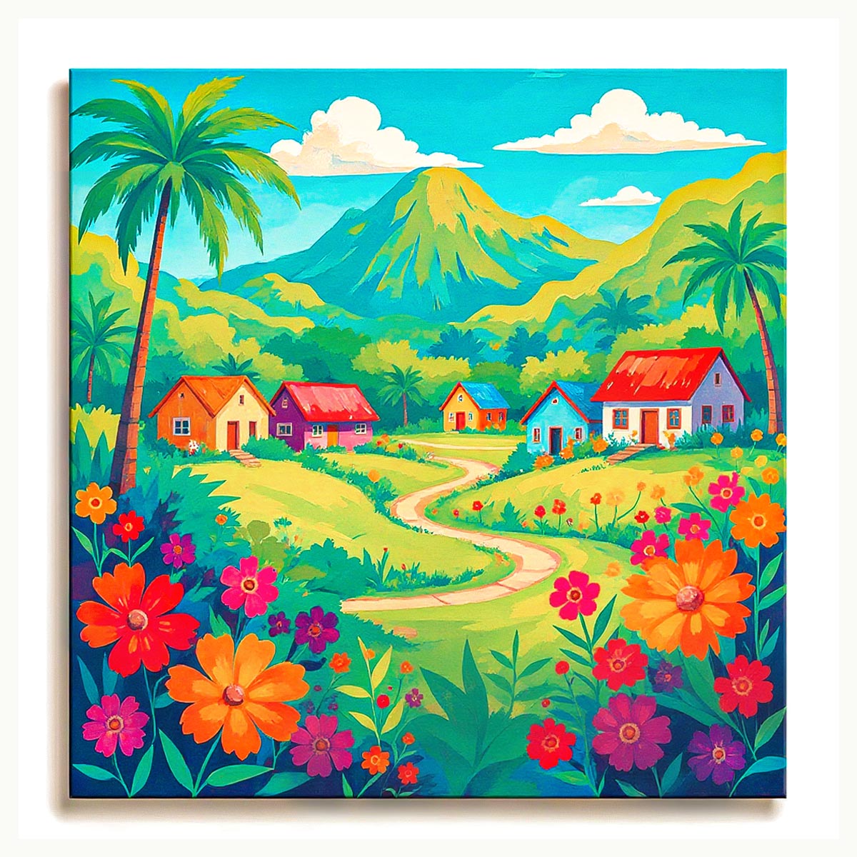 Colorful flat illustration of a tropical village with flowers palm trees and mountain background paint by numbers design.You said: mikä vitun lopetus metatitlelle tämä on: Colorful Village