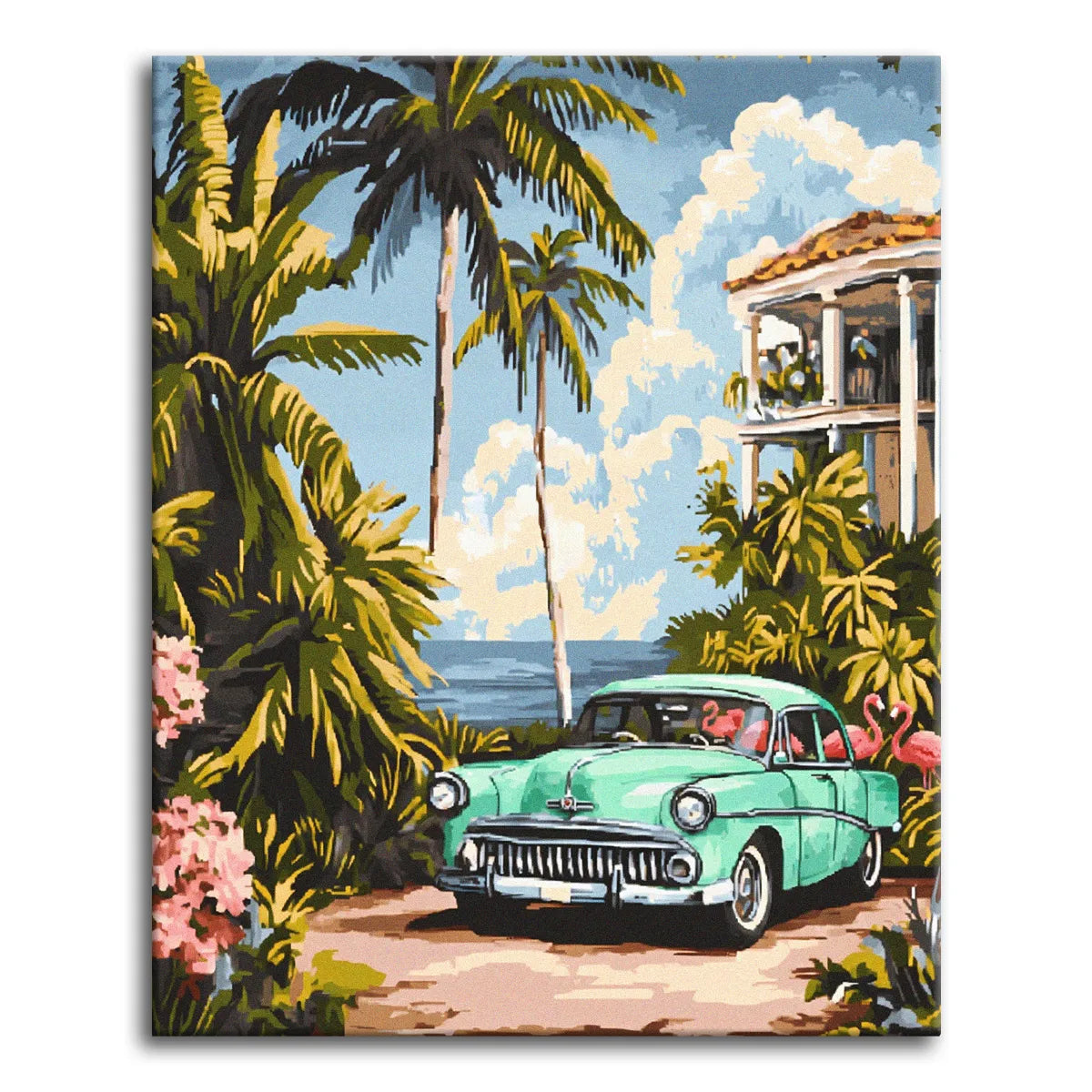 A lush, flat-style paint by numbers tropical scene of a mint-green classic car parked among tall palms and dense foliage, with pink flamingos, a colonial villa, and the sea behind under a bright cloudy sky.