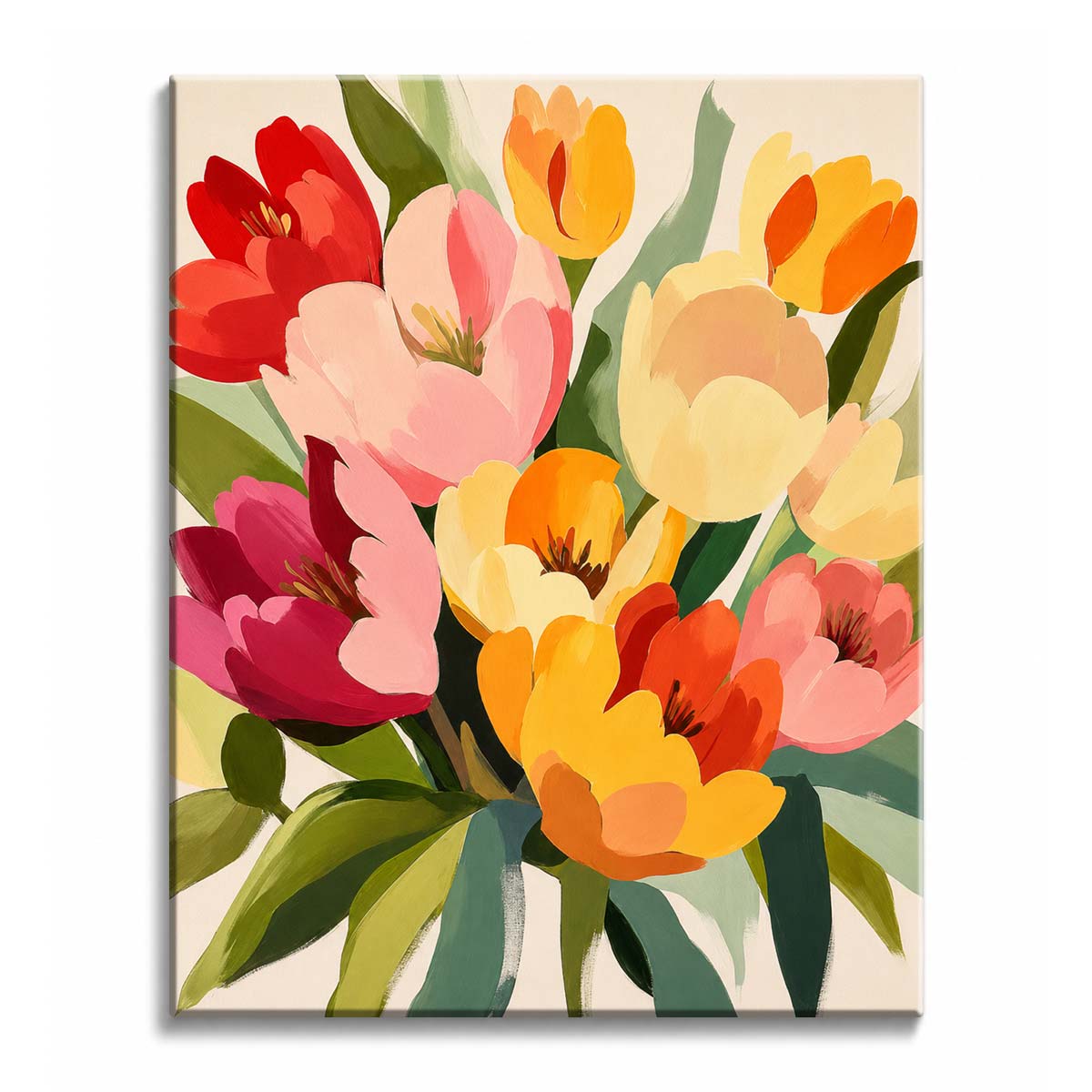Red, pink and yellow tulip heads with broad green leaves on a cream background, in a paint by numbers design.