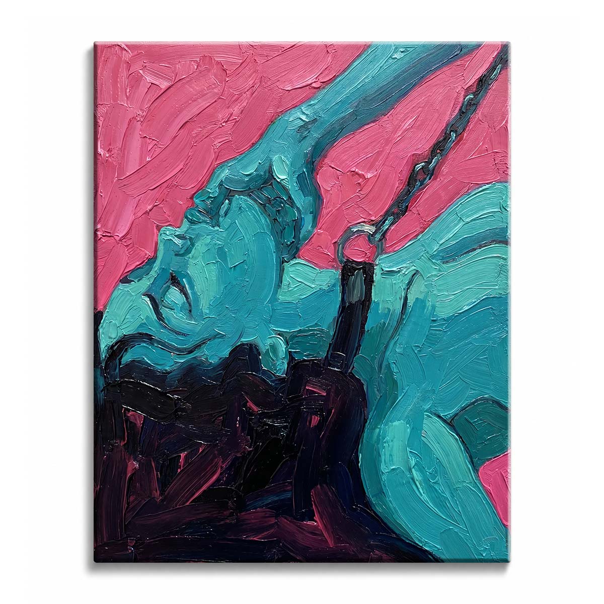 Against a hot pink background, a corset woman paint by numbers design shows a turquoise reclining figure in a black corset, with an arm raised and thick impasto strokes.