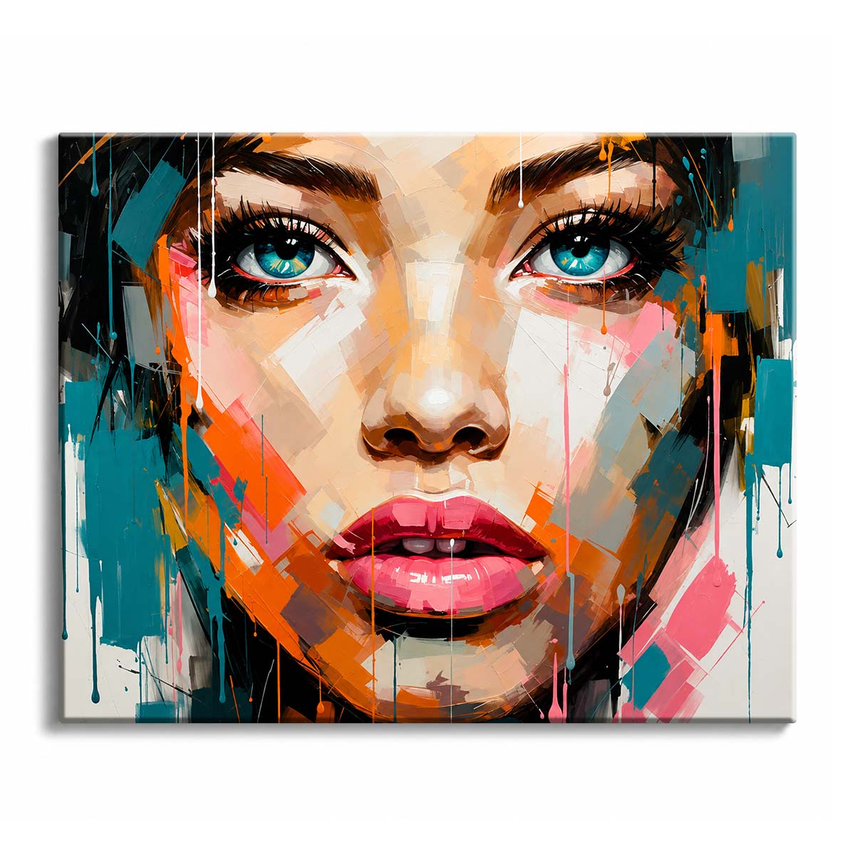 Close-up woman portrait with vivid turquoise eyes, coral-pink lips, faceted warm skin tones, and loose teal, orange, black, and pink paint drips.