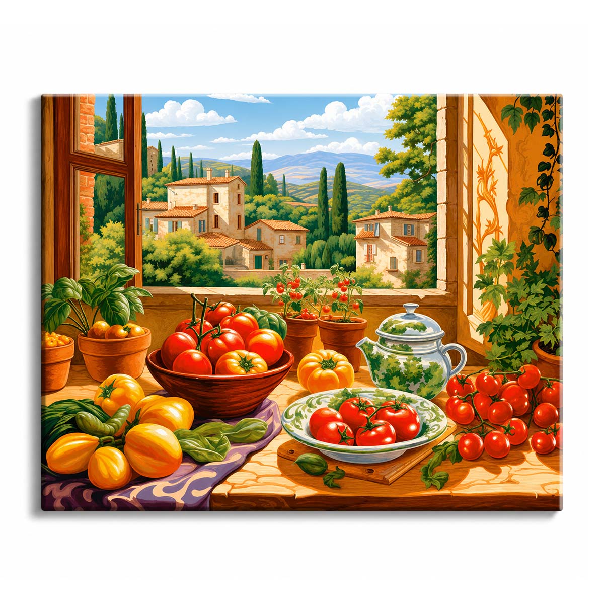 A Tuscan kitchen table covered with tomatoes and garden produce overlooks cypress trees and rolling hills in a paint by numbers design.