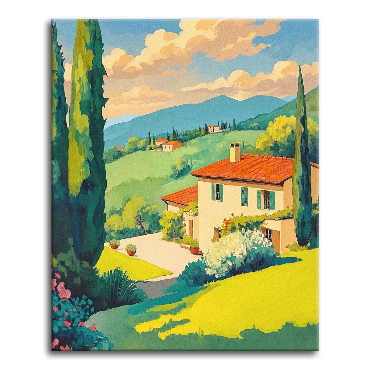 A paint by numbers canvas of a red-roofed Tuscan villa with green shutters among rolling green hills and cypress trees, under a soft cloud-streaked sky.