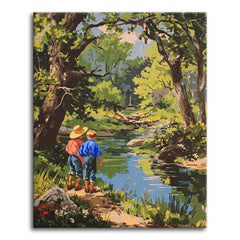 A warm vintage illustration-style paint by numbers scene of two young boys, one in a straw hat and red shirt, the other in blue, standing by a sunlit woodland stream surrounded by lush green trees.