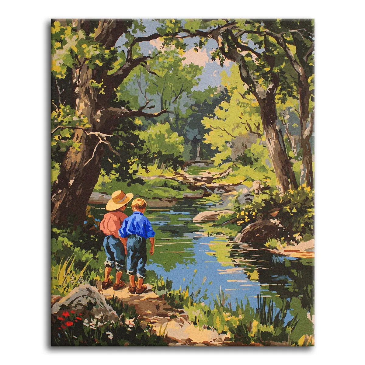 A warm vintage illustration-style paint by numbers scene of two young boys, one in a straw hat and red shirt, the other in blue, standing by a sunlit woodland stream surrounded by lush green trees.