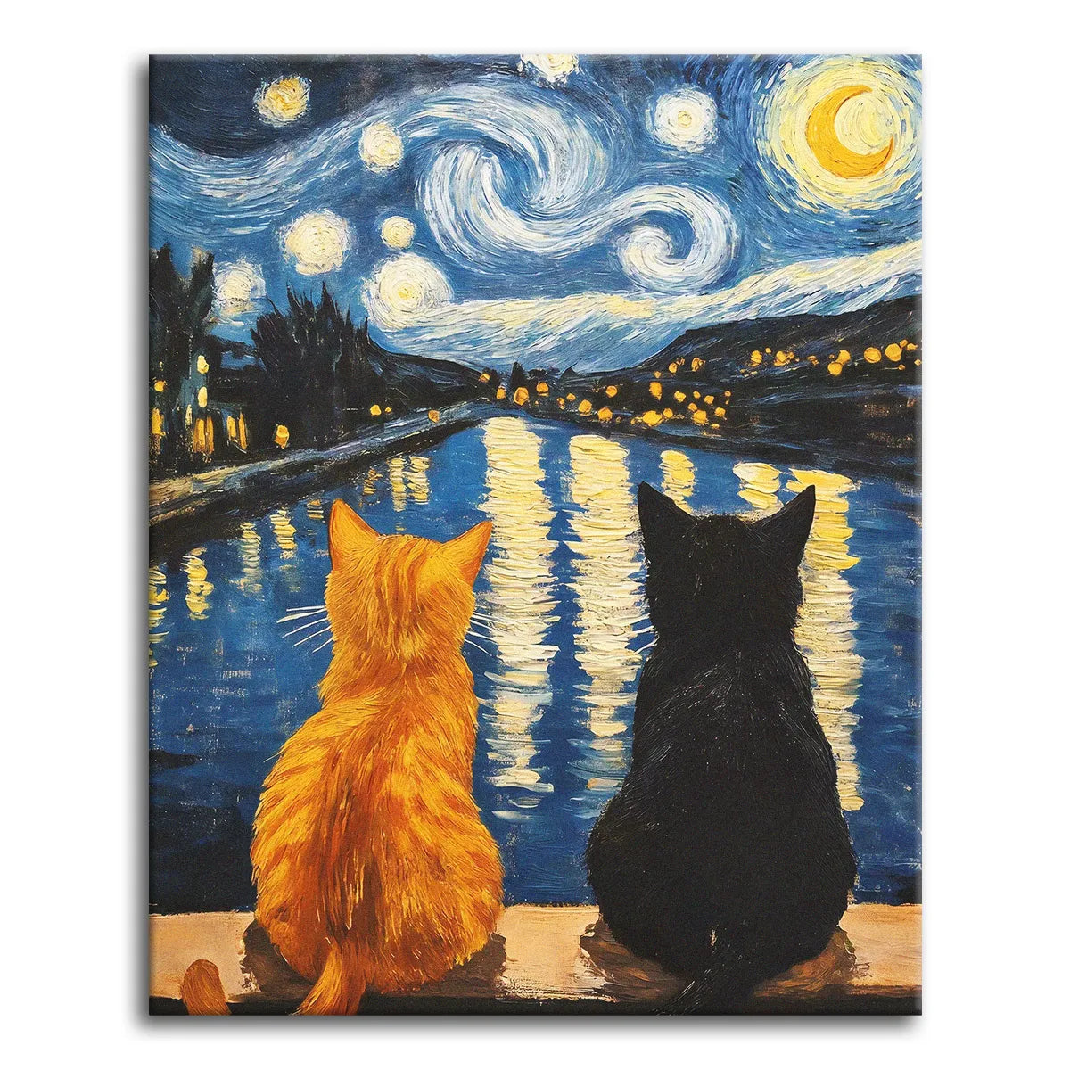 A paint by numbers scene of an orange cat and a black cat watching a swirling Van Gogh-style starry night over a river.