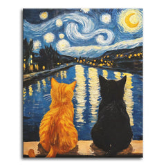 A paint by numbers scene of an orange cat and a black cat watching a swirling Van Gogh-style starry night over a river.