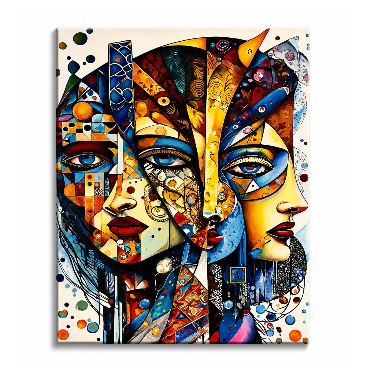 An abstract paint by numbers design showing two womens profiles merged into one head filled with geometric patterns in gold, blue and red.