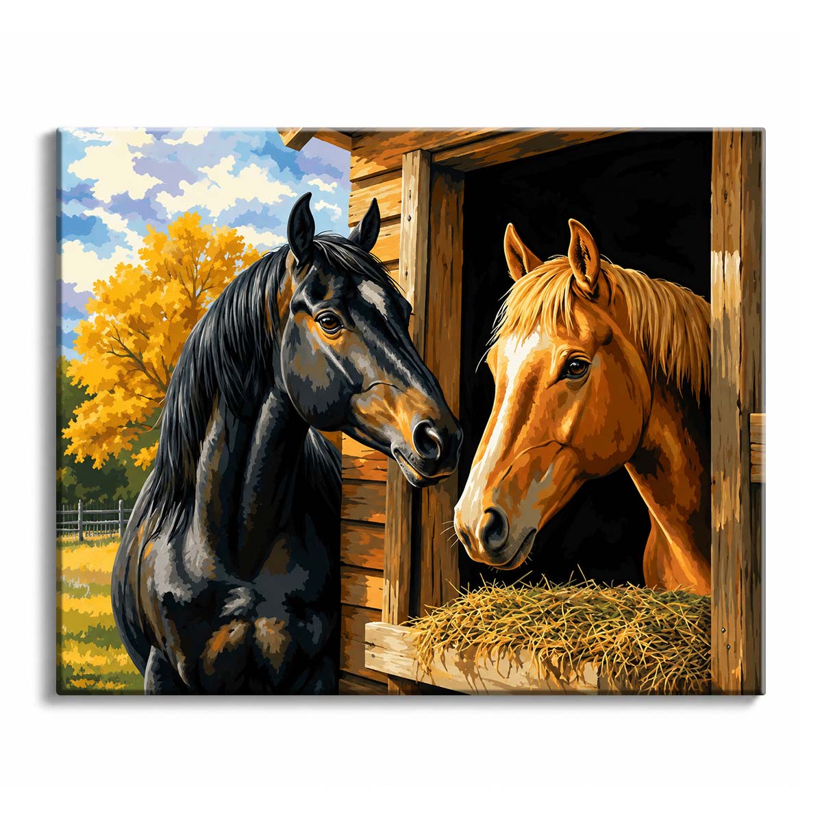 A black horse and a chestnut horse meet at a wooden stable door with hay in the trough between them, in a paint by numbers design.