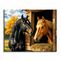 A black horse and a chestnut horse meet at a wooden stable door with hay in the trough between them, in a paint by numbers design.