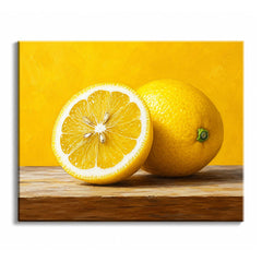 A still life paint by numbers design of a whole lemon and a cut lemon half on a wooden board against a bright yellow wall.