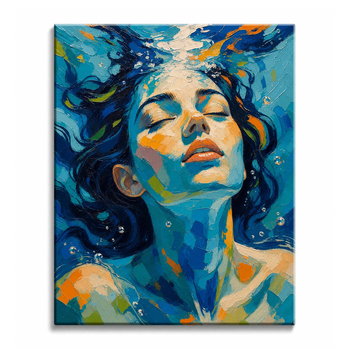 Light falls through water onto a woman with closed eyes and dark floating hair, in a paint by numbers design.
