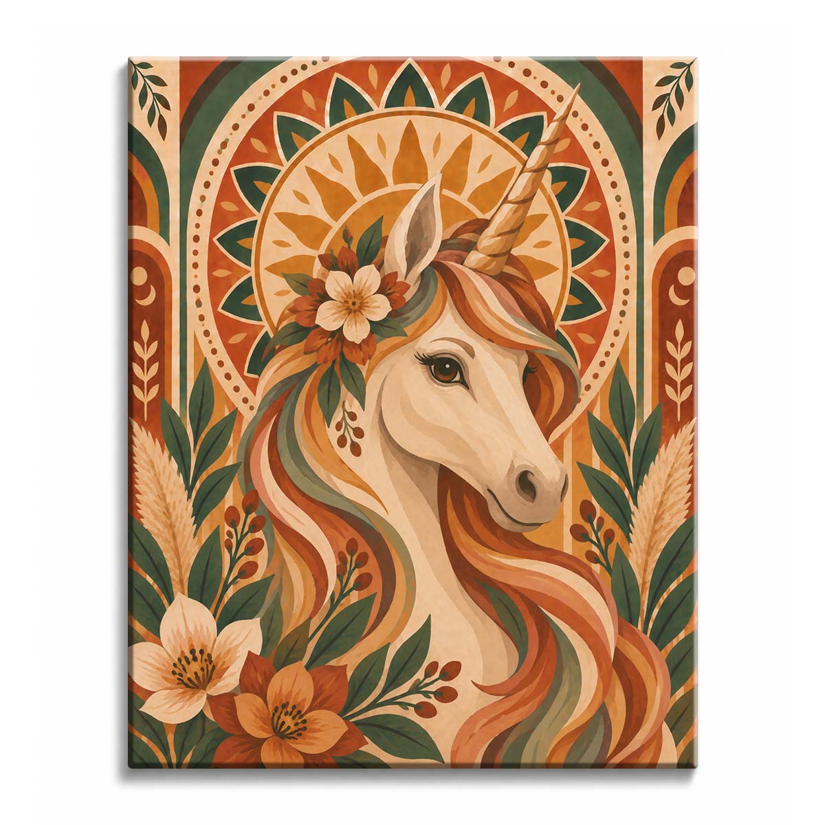 Rising into a golden sunburst, a unicorn's spiral horn stands above its cream face and flowing rust-and-green mane, with flowers tucked beside the ear in this paint by numbers design.