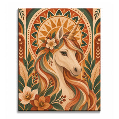 Rising into a golden sunburst, a unicorn's spiral horn stands above its cream face and flowing rust-and-green mane, with flowers tucked beside the ear in this paint by numbers design.