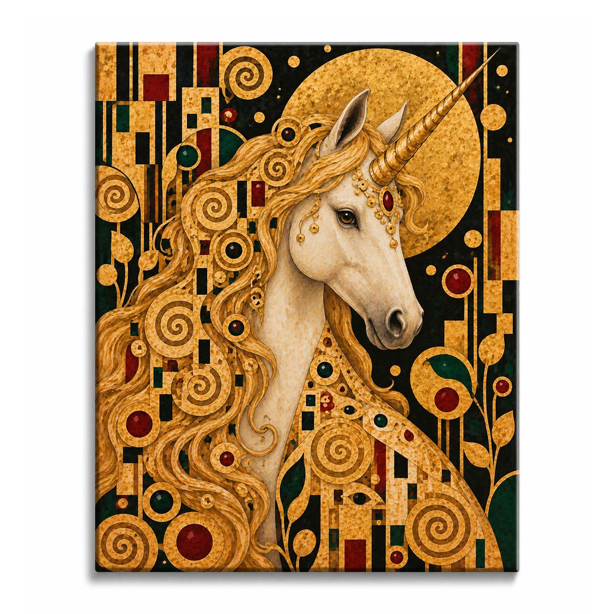 A white unicorn paint by numbers design showing a golden spiral mane and jeweled browband before a gilded moon on black mosaic.