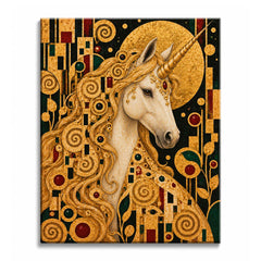 A white unicorn paint by numbers design showing a golden spiral mane and jeweled browband before a gilded moon on black mosaic.