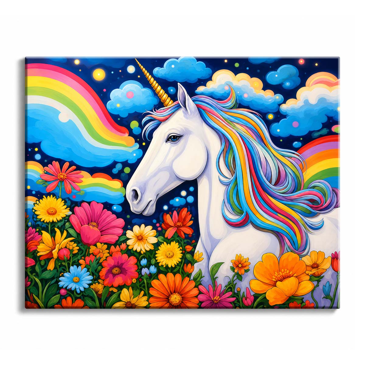 Rainbows and stars fill the sky behind a white unicorn with a rainbow mane above a bank of bright flowers, in a paint by numbers design.