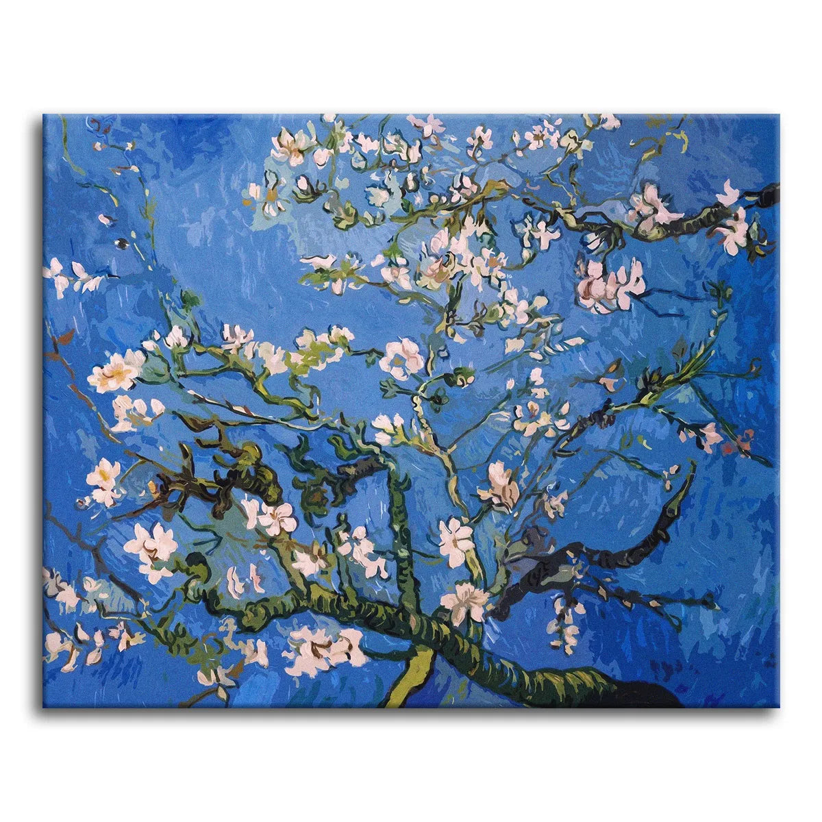 A paint by numbers version of Van Gogh's Almond Blossom, with pink-white almond flowers on dark branches against a bright blue sky.