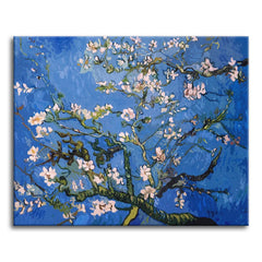 A paint by numbers version of Van Gogh's Almond Blossom, with pink-white almond flowers on dark branches against a bright blue sky.