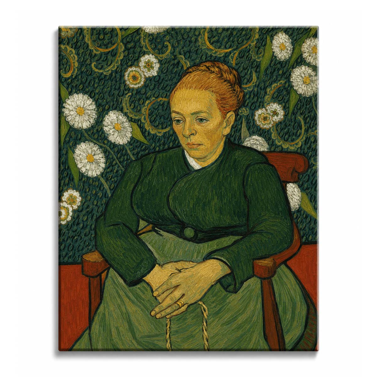Augustine Roulin sits in a green dress against a patterned floral background in a Van Gogh paint by numbers design.