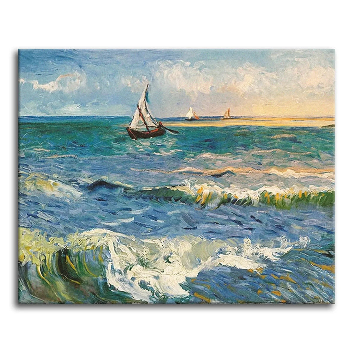 A paint by numbers version of Van Gogh's Seascape at Saintes-Maries, with a fishing boat on a choppy blue-green sea under a cloud-filled sky.