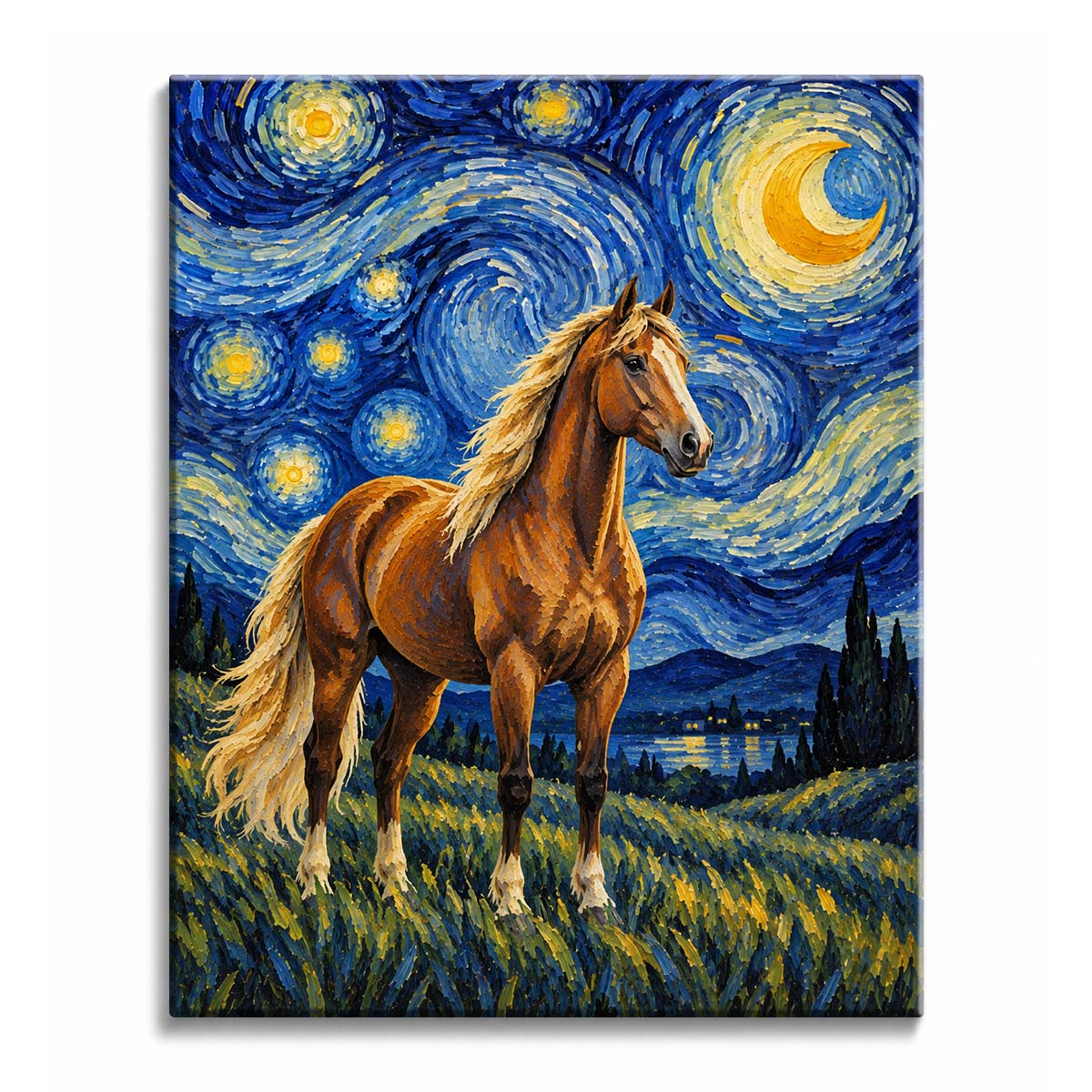 On a grassy hillside, a Van Gogh style horse paint by numbers design shows a chestnut horse with a cream mane beneath a golden crescent and swirling blue sky above a moonlit lake.