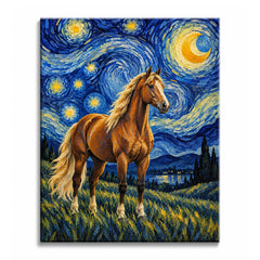 On a grassy hillside, a Van Gogh style horse paint by numbers design shows a chestnut horse with a cream mane beneath a golden crescent and swirling blue sky above a moonlit lake.